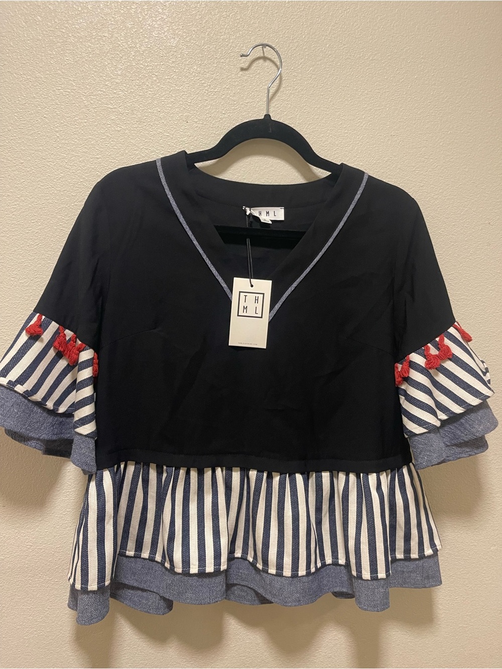 THML Navy V-Neck Peplum Blouse with Striped Ruffle and Red Tassels - Picture 6 of 6